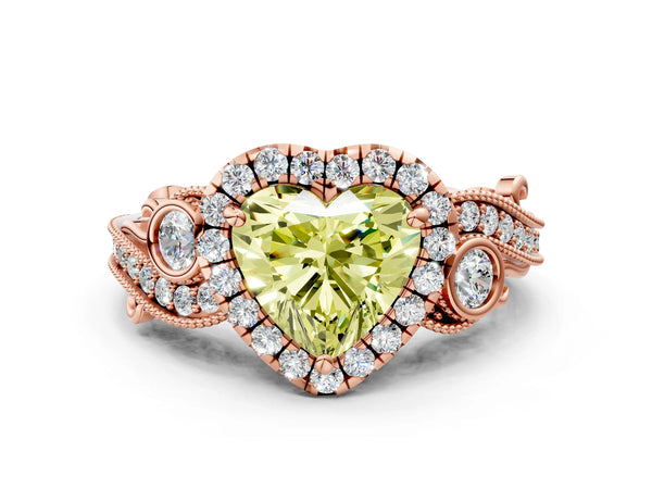 Rose gold Fancy Yellow Heart Cut Diamond Halo Ring with Milgrain Pavé Band and Four-Prong Setting