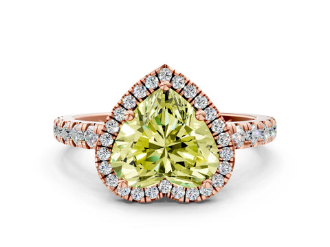 Rose gold Fancy Yellow Heart Cut Diamond Halo Ring with Pavé Band and Four-Prong Setting