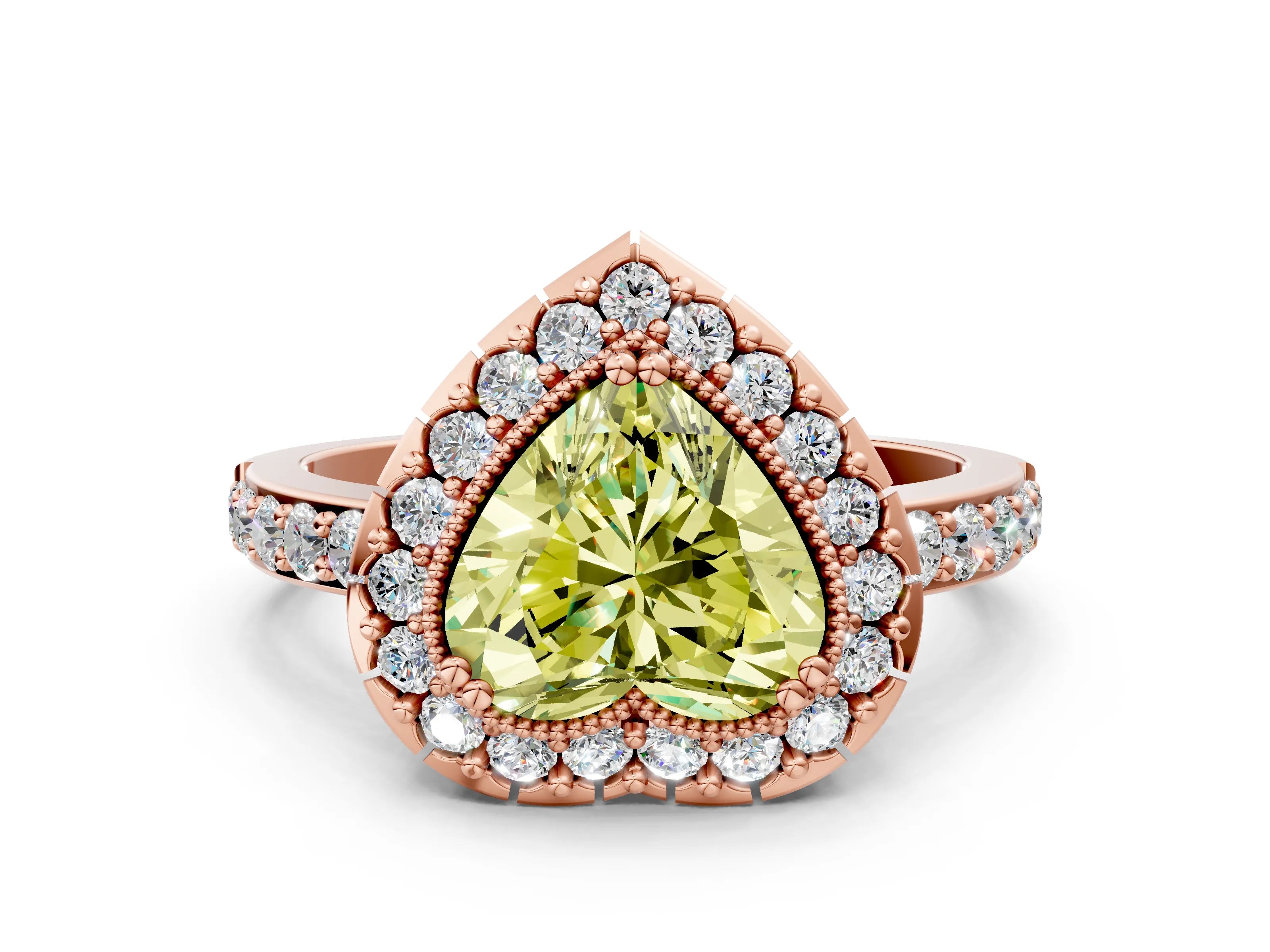 Rose gold Fancy Yellow Heart Cut Diamond Halo Ring with Pavé Band and Prong Setting