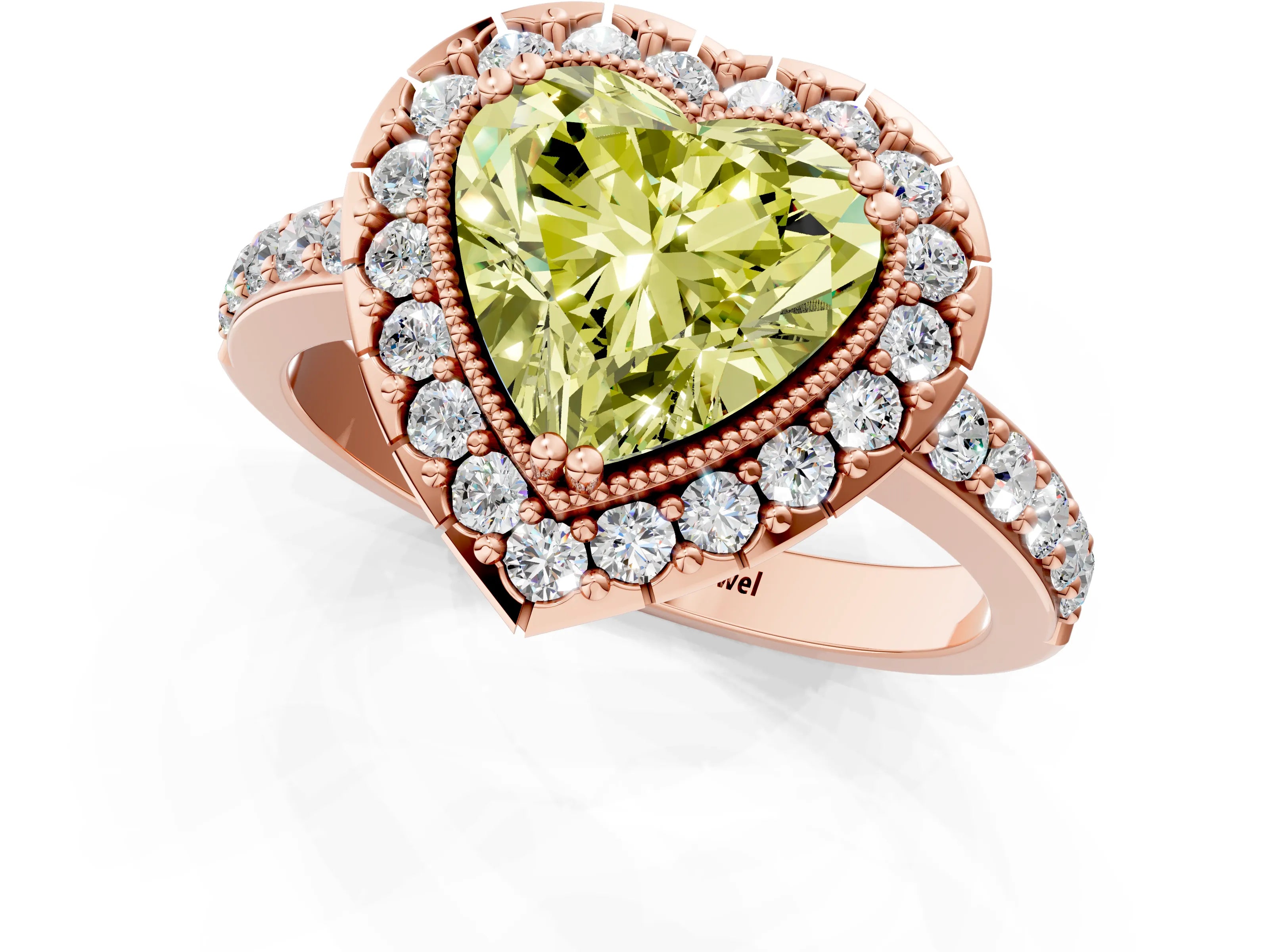 Rose gold Fancy Yellow Heart Cut Diamond Halo Ring with Pavé Band and Prong Setting_1