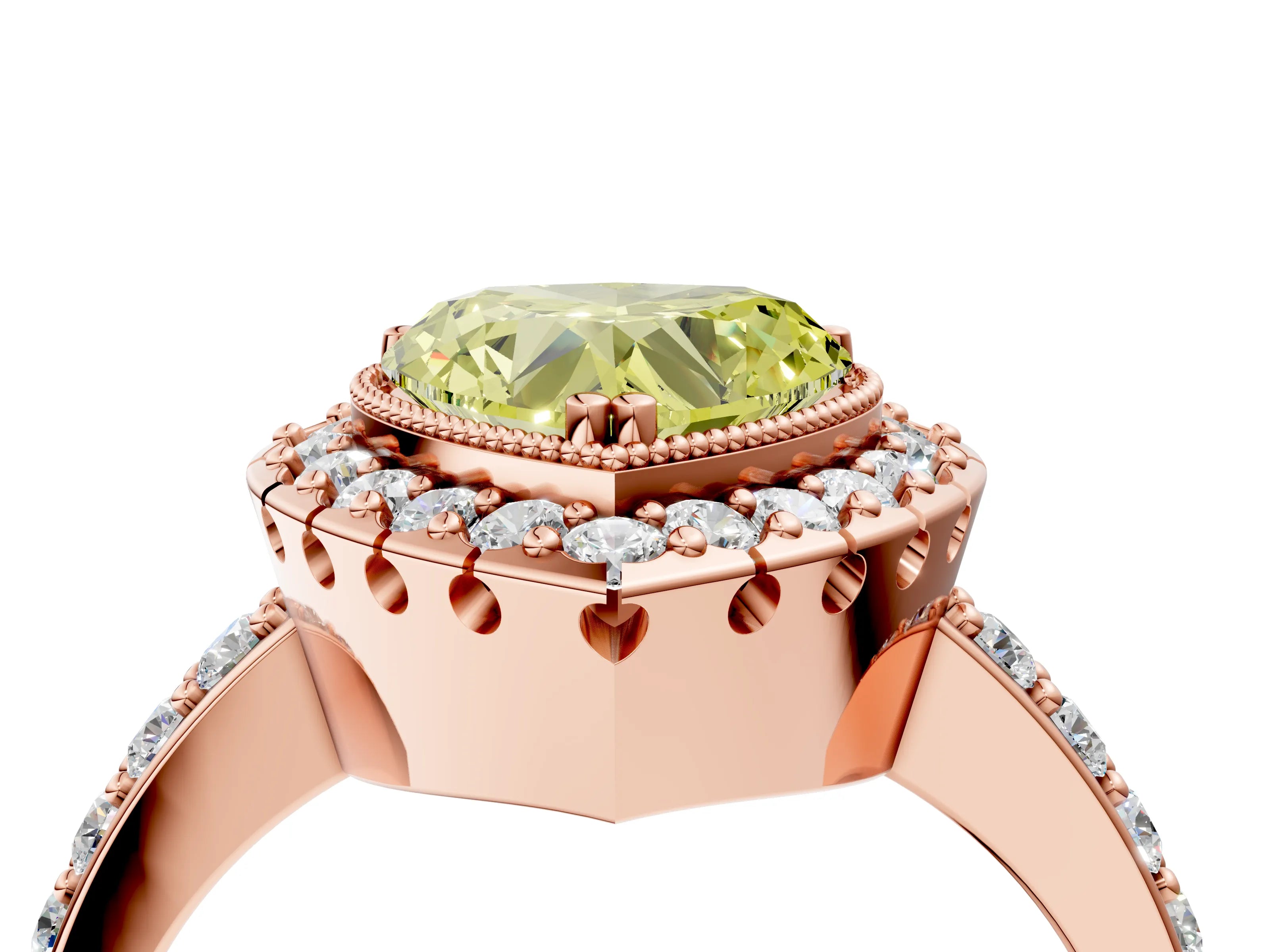 Rose gold Fancy Yellow Heart Cut Diamond Halo Ring with Pavé Band and Prong Setting_4