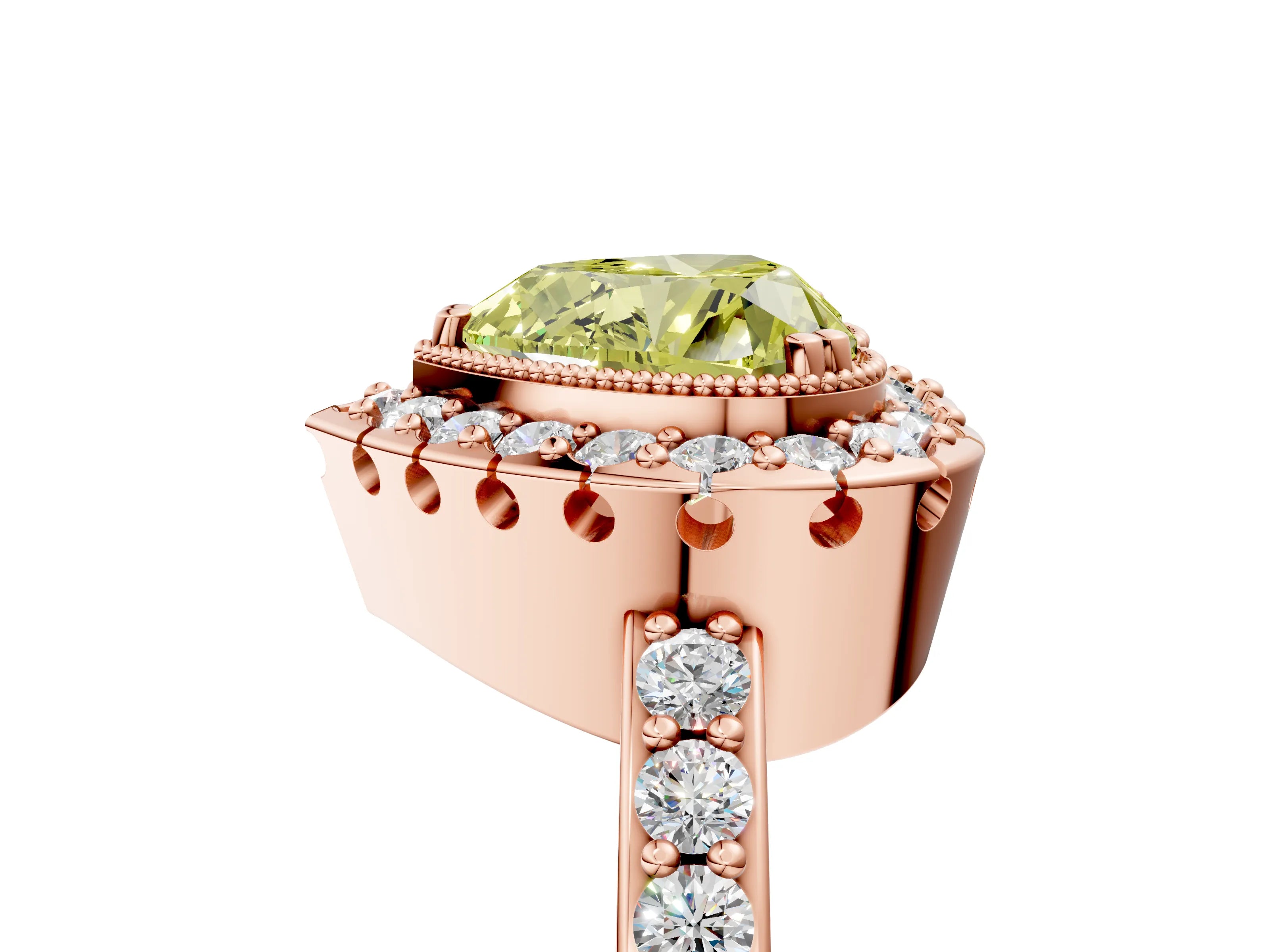 Rose gold Fancy Yellow Heart Cut Diamond Halo Ring with Pavé Band and Prong Setting_5