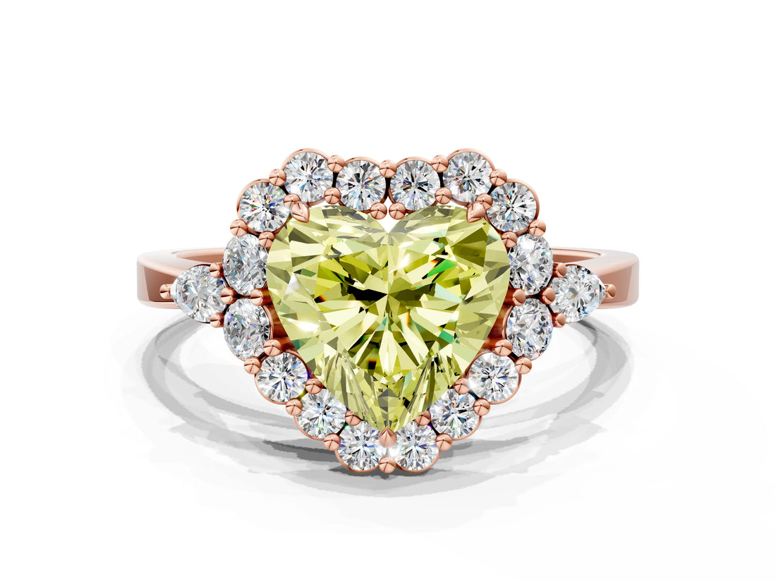 Rose gold Fancy Yellow Heart Cut Diamond Halo Ring with Pear Side Stones and Prong Setting_51