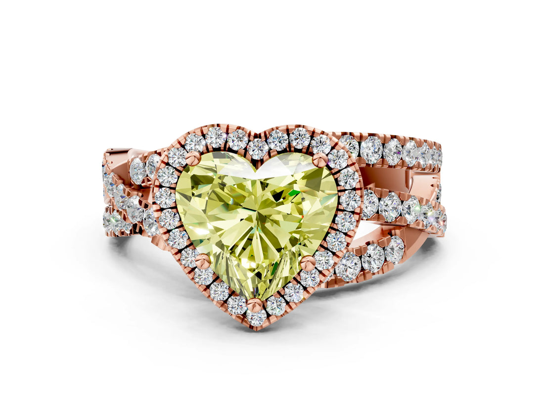 Rose gold Fancy Yellow Heart Cut Diamond Halo Ring with Round Split Shank and Prong Setting_36