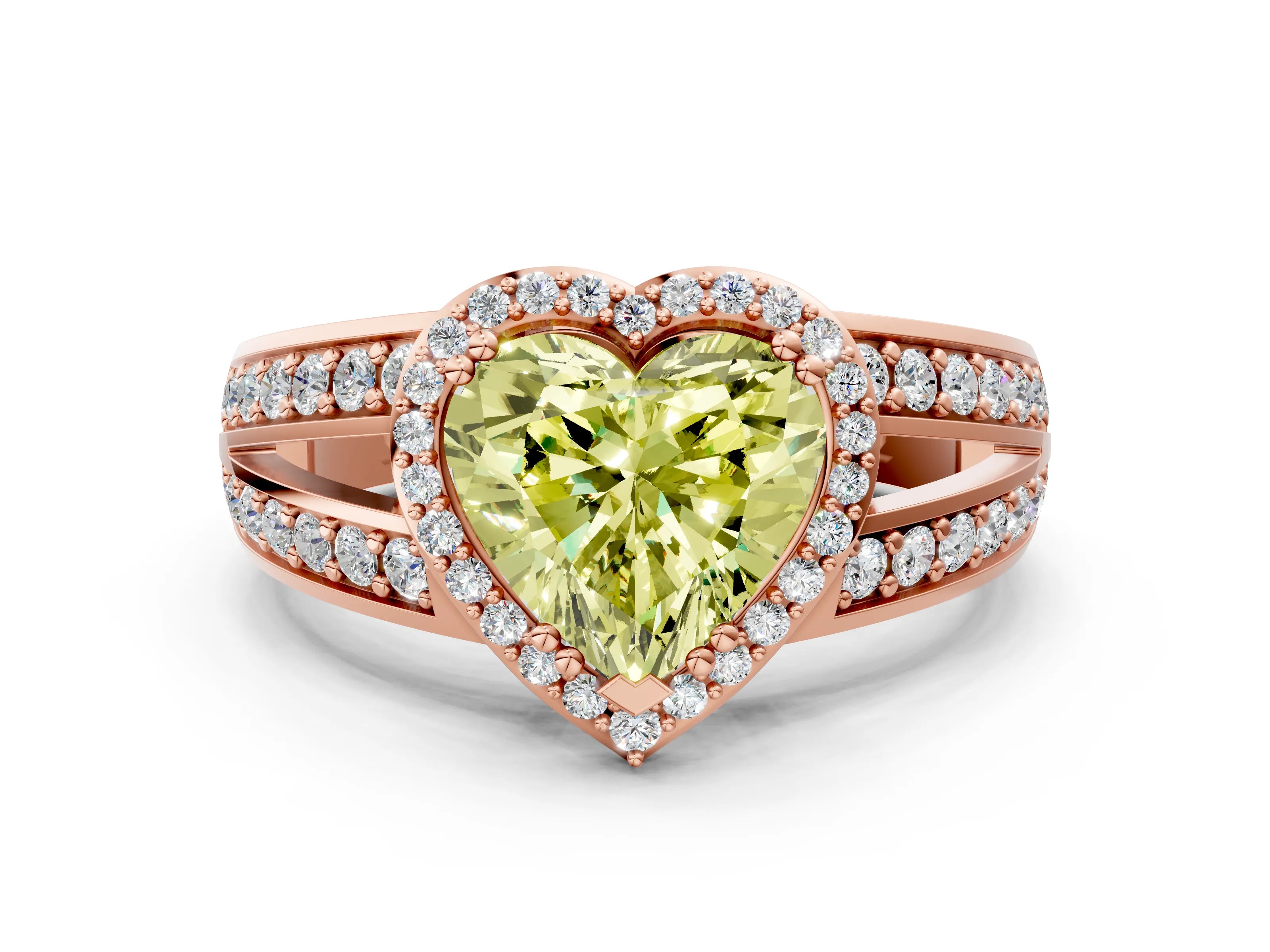 Rose gold Fancy Yellow Heart Cut Diamond Halo Ring with Split Shank Pavé Band and Four-Prong Setting