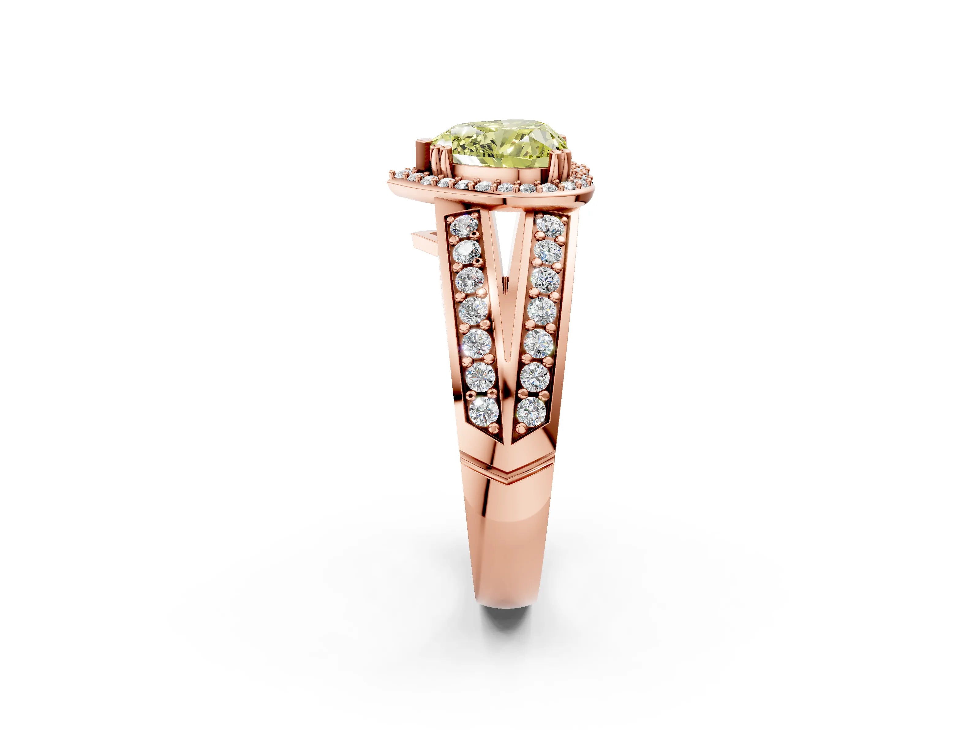 Rose gold Fancy Yellow Heart Cut Diamond Halo Ring with Split Shank Pavé Band and Four-Prong Setting_2