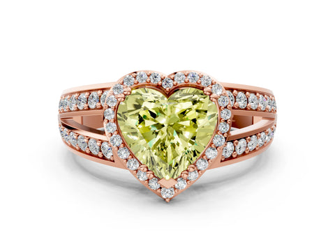 Rose gold Fancy Yellow Heart Cut Diamond Halo Ring with Split Shank Pavé Band and Four-Prong Setting