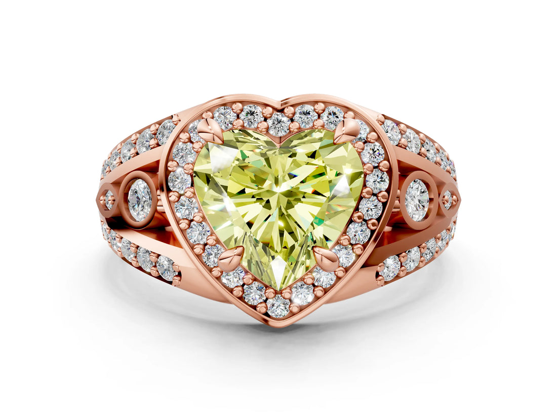 Rose gold Fancy Yellow Heart Cut Diamond Halo Ring with Split Shank and Bezel Accents and Four-Prong Setting