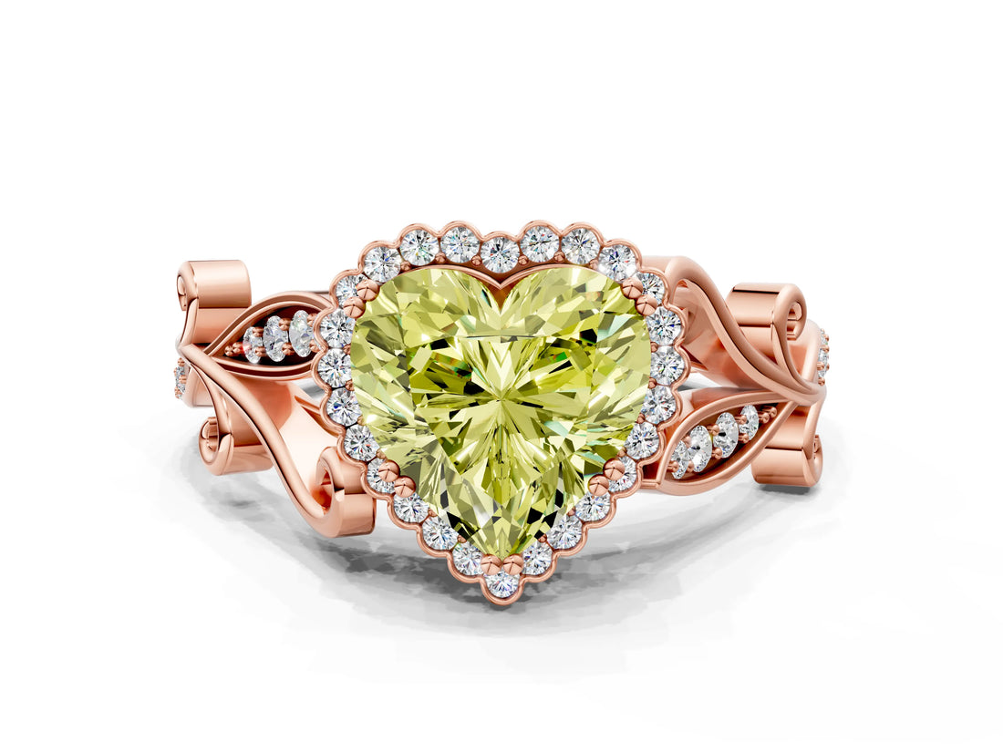 Rose gold Fancy Yellow Heart Cut Diamond Halo Ring with Vintage Split Shank and Four-Prong Setting_37