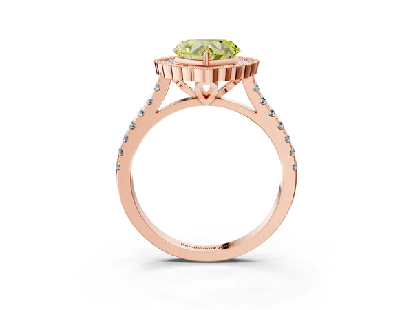 Rose gold Fancy Yellow Heart  Cut Diamond Milgrain Floral Halo Engagement Ring with Pavé Band