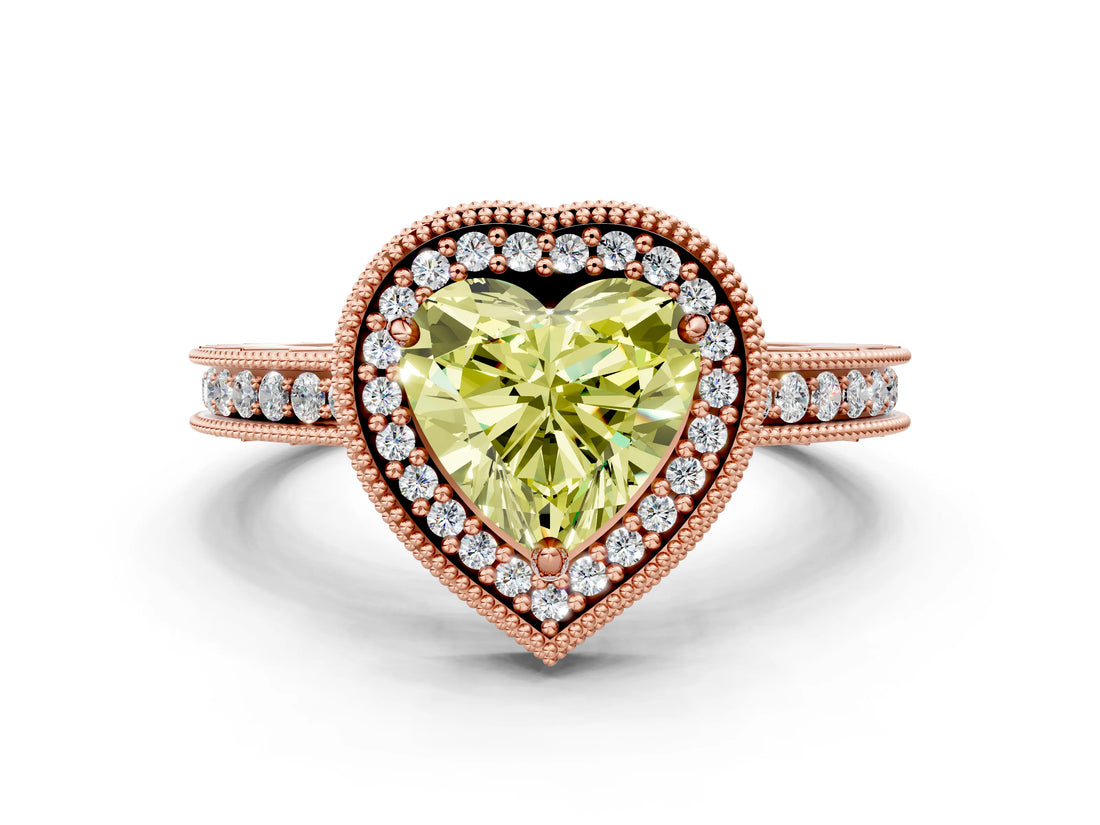 Rose gold Fancy Yellow Heart Cut Diamond Milgrain Halo Engagement Ring with Round Pavé Band and Prong Setting_24