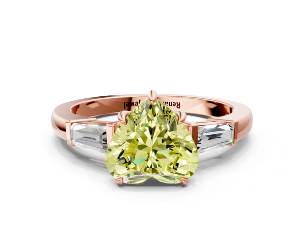 Rose gold Fancy Yellow Heart  Cut Diamond Ring with Tapered Baguette Side Stones in Four-Prong Setting