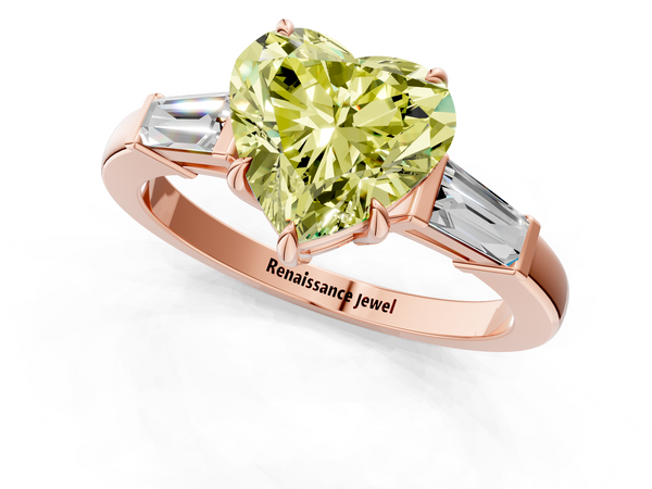 Rose gold Fancy Yellow Heart  Cut Diamond Ring with Tapered Baguette Side Stones in Four-Prong Setting