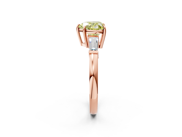 Rose gold Fancy Yellow Heart  Cut Diamond Ring with Tapered Baguette Side Stones in Four-Prong Setting
