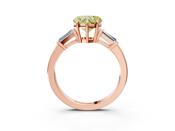 Rose gold Fancy Yellow Heart  Cut Diamond Ring with Tapered Baguette Side Stones in Four-Prong Setting