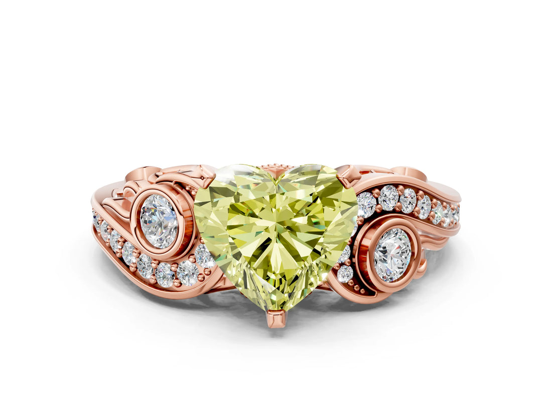 Rose gold Fancy Yellow Heart Cut Diamond Solitaire Ring with Milgrain Pavé Band and Four-Prong Setting_172