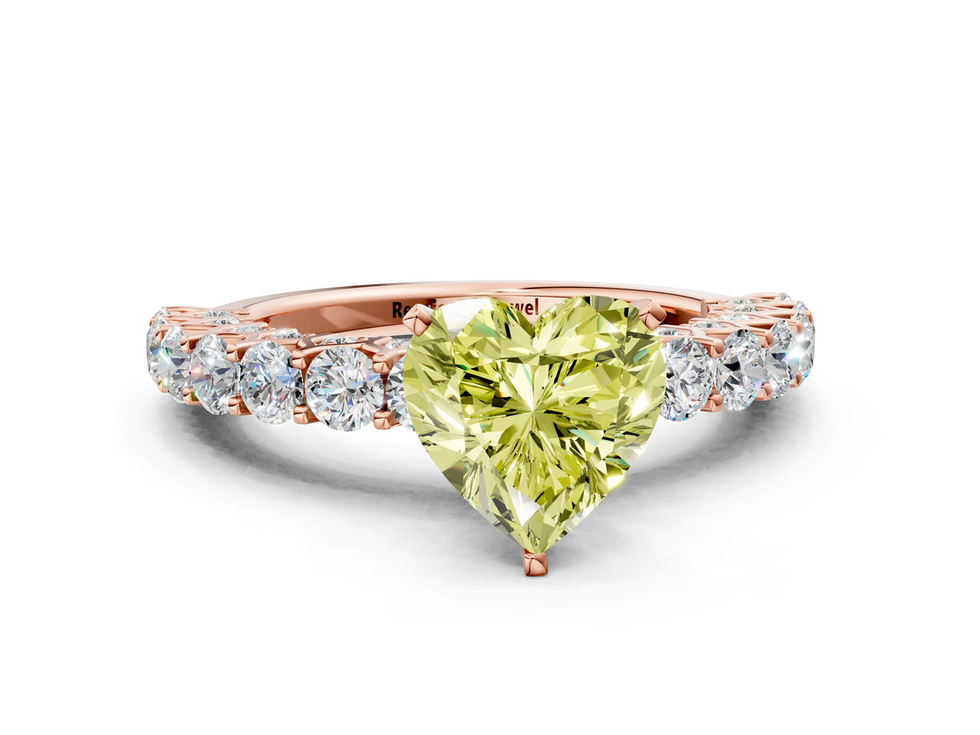 Rose gold Fancy Yellow Heart Cut Diamond Solitaire Ring with Shared Prong Pavé Band and Four-Prong Setting_58