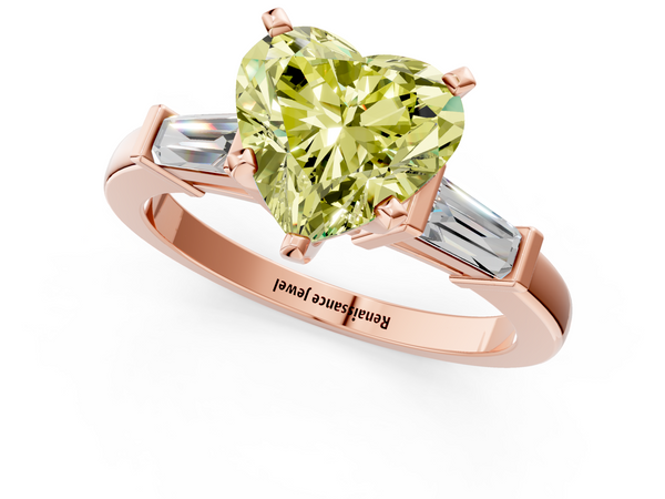 Rose gold Fancy Yellow Heart  Cut Diamond Solitaire Ring with Tapered Baguette Accents and Four-Prong Setting