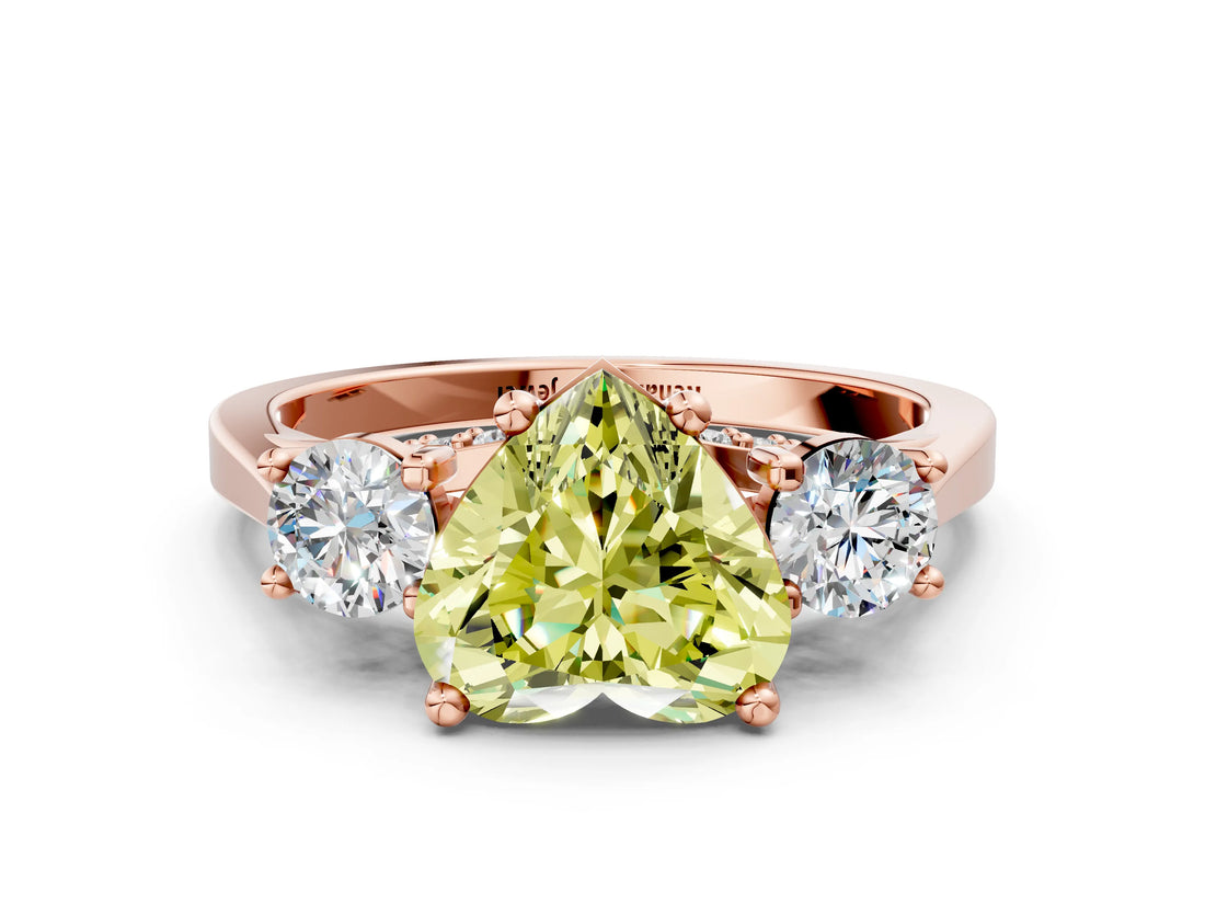 Rose gold Fancy Yellow Heart Cut Diamond Three-Stone Engagement Ring with Prong Setting and Pavé Band