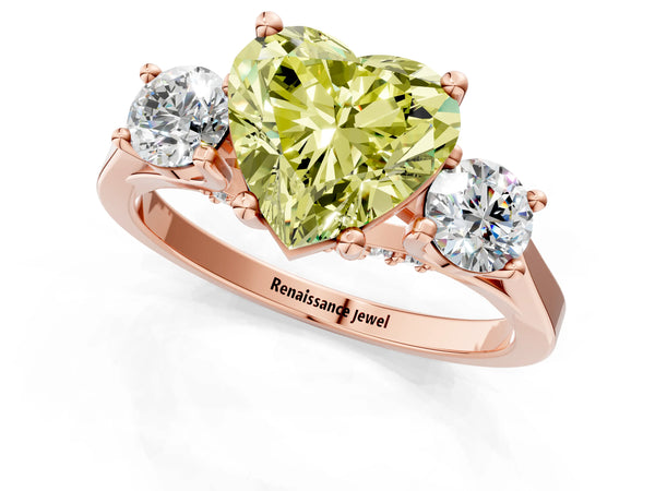 Rose gold Fancy Yellow Heart Cut Diamond Three-Stone Engagement Ring with Prong Setting and Pavé Band