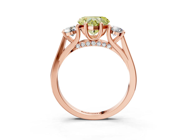 Rose gold Fancy Yellow Heart Cut Diamond Three-Stone Engagement Ring with Prong Setting and Pavé Band