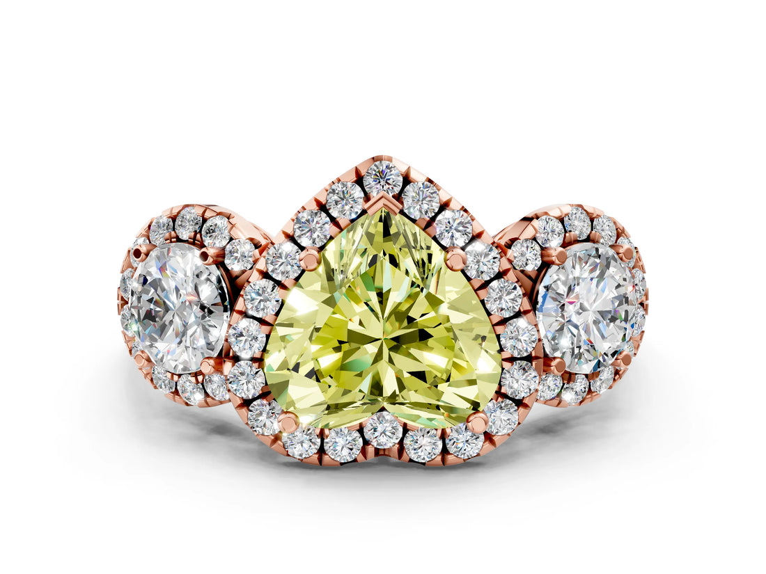 Rose gold Fancy Yellow Heart Cut Diamond Three-Stone Halo Ring with Prong Setting and Pavé Accents