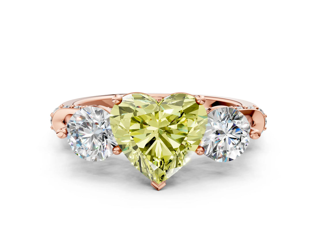 Rose gold Fancy Yellow Heart Cut Diamond Three-Stone Ring with Prong Setting and Pavé Band