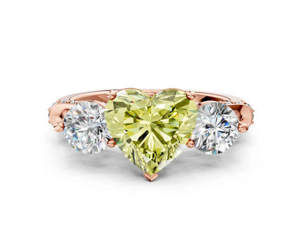 Rose Gold Heart-Shaped Curved Pave Three Stone Engagement Ring Setting for Fancy Yellow Center