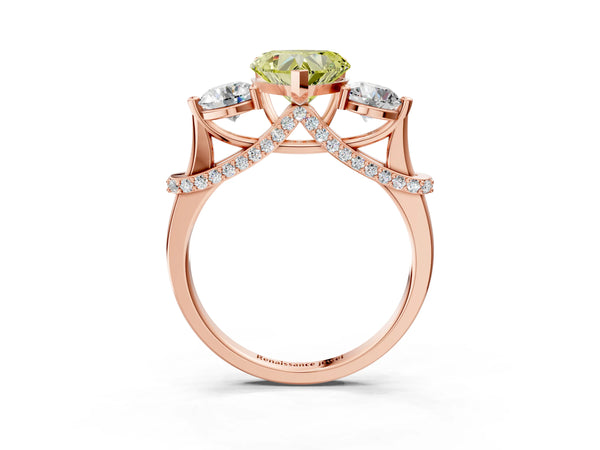 Rose Gold Heart-Shaped Curved Pave Three Stone Engagement Ring Setting for Fancy Yellow Center