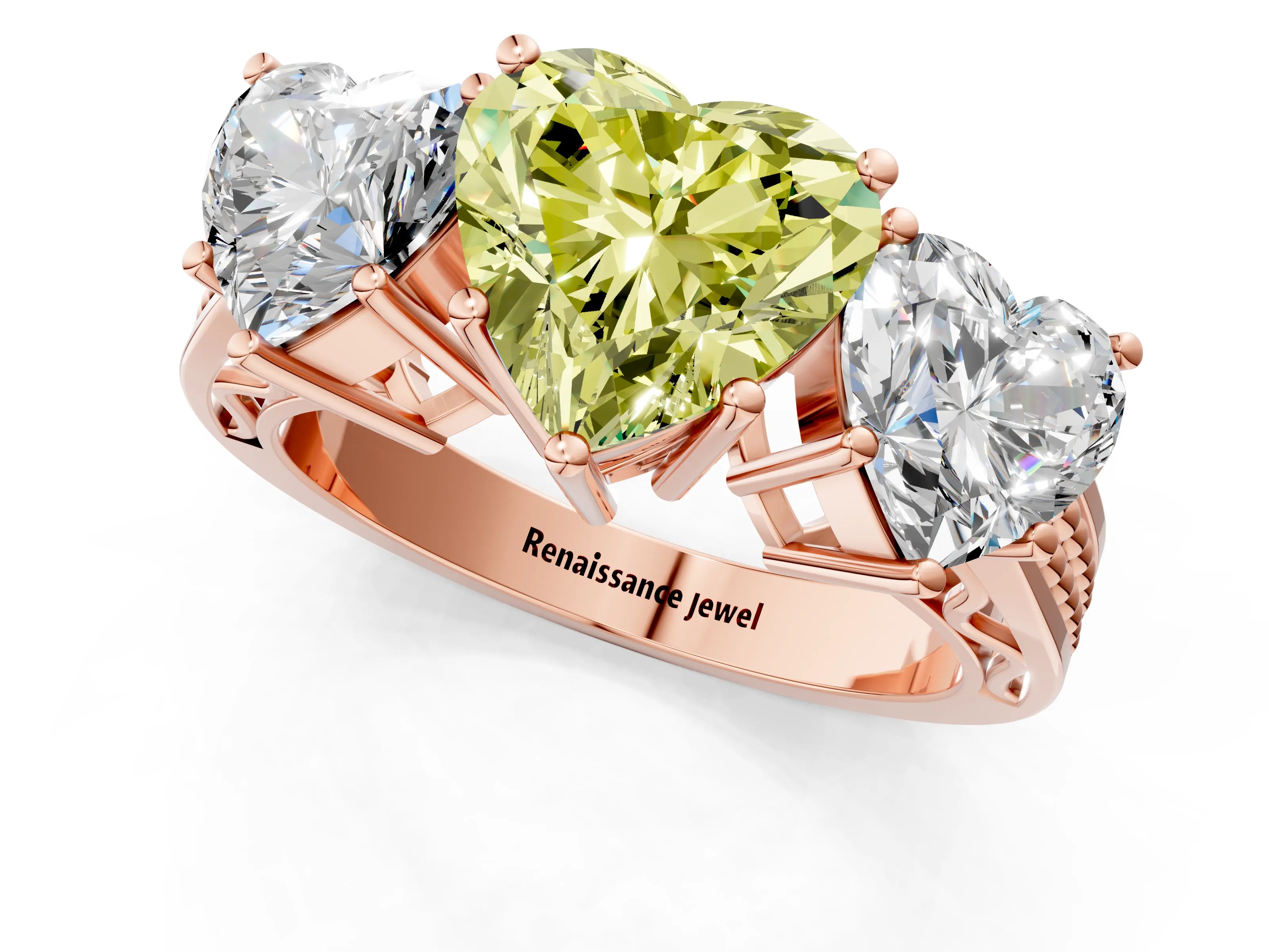 Rose gold Fancy Yellow Heart Cut Diamond Three-Stone Ring with Prong Setting and Textured Band_1