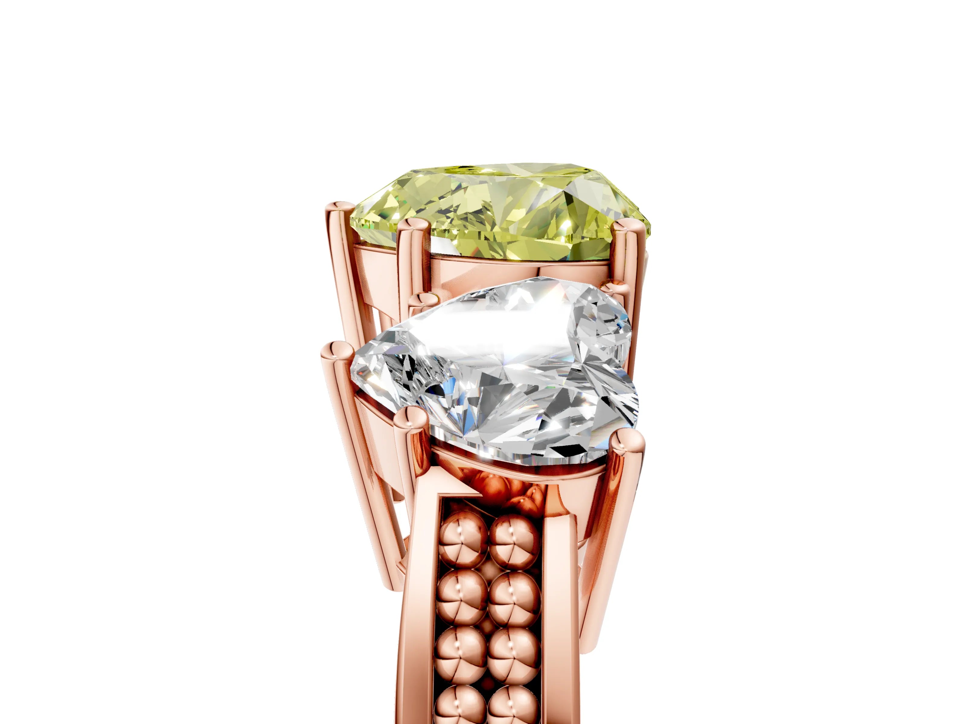 Rose gold Fancy Yellow Heart Cut Diamond Three-Stone Ring with Prong Setting and Textured Band_5