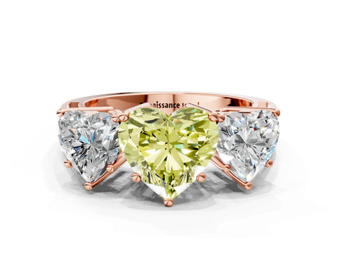 Rose gold Fancy Yellow Heart Cut Diamond Three-Stone Ring with Prong Setting and Textured Band