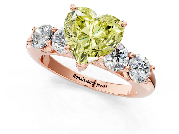 Rose gold Fancy Yellow Heart  Cut Five-Stone Prong Set Diamond Ring with Classic Band