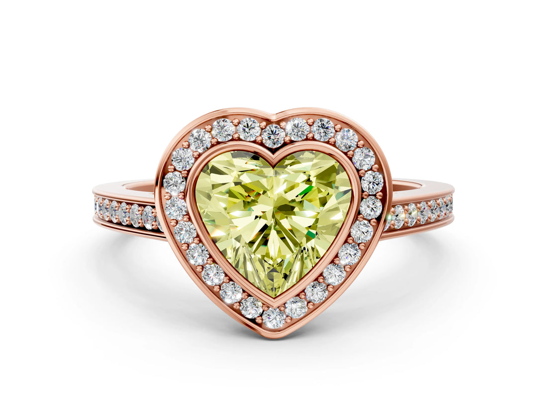 Rose gold Fancy Yellow Heart Cut Halo Bezel Diamond Pave Band Ring