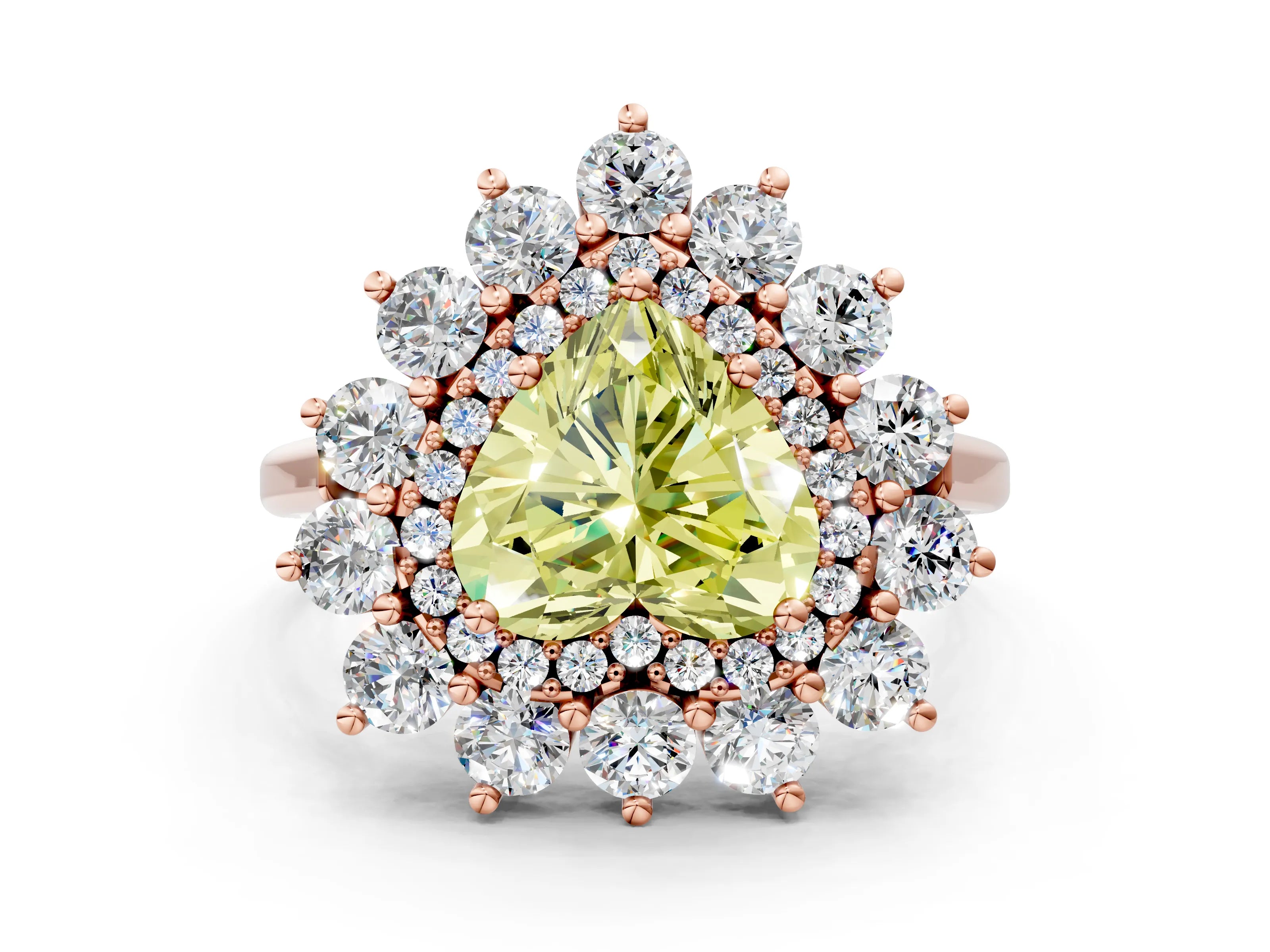 Rose gold Fancy Yellow Heart Cut Halo Cluster Diamond Ring with Pave Band and Four-Prong Setting