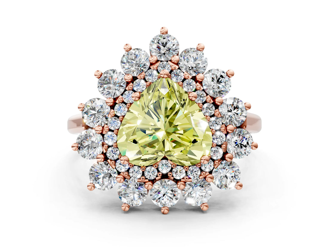 Rose gold Fancy Yellow Heart Cut Halo Cluster Diamond Ring with Pave Band and Four-Prong Setting_12