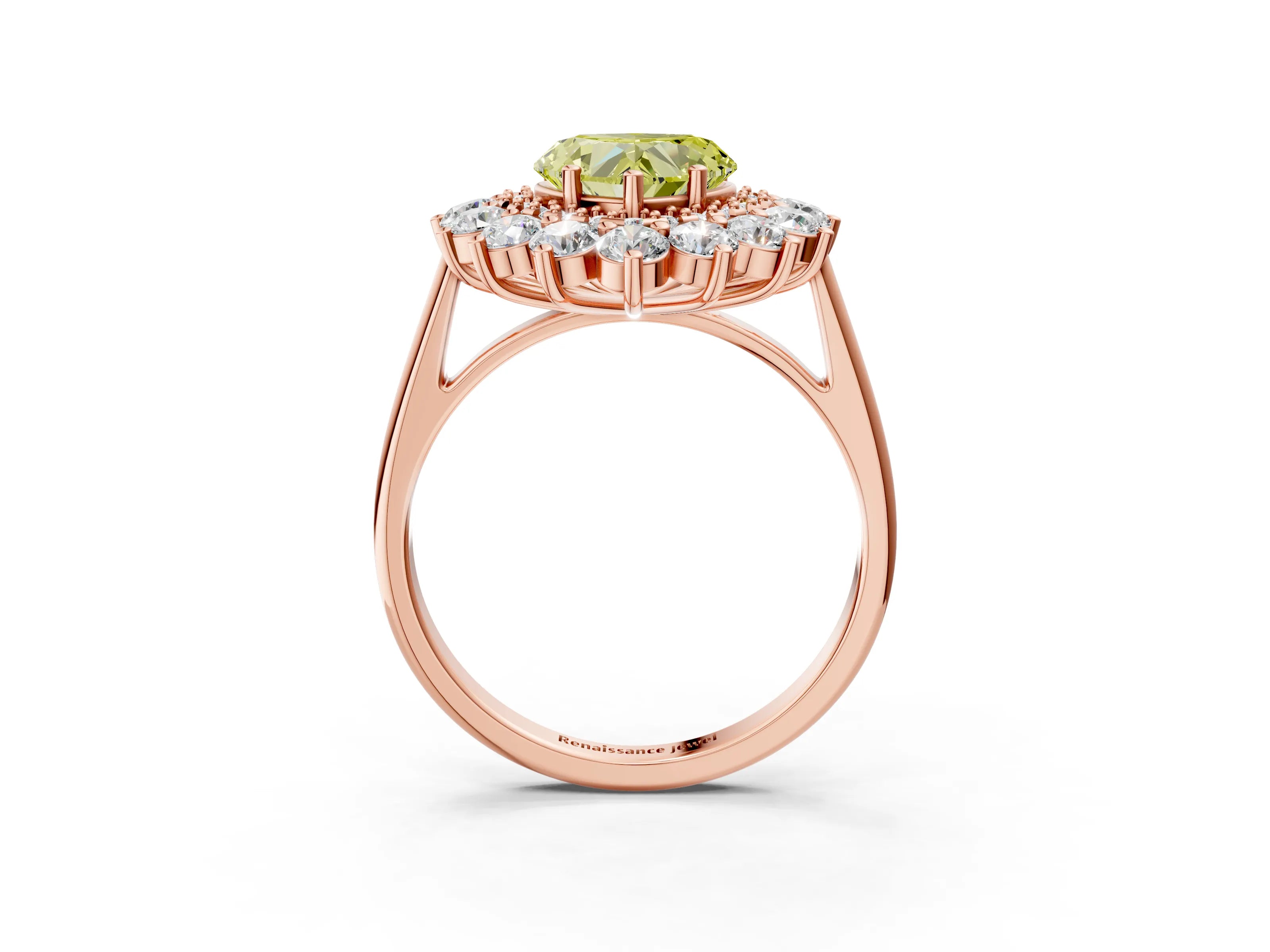 Rose gold Fancy Yellow Heart Cut Halo Cluster Diamond Ring with Pave Band and Four-Prong Setting_15