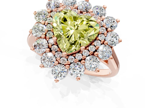 Rose gold Fancy Yellow Heart Cut Halo Cluster Diamond Ring with Pave Band and Four-Prong Setting_1