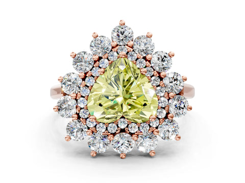 Rose gold Fancy Yellow Heart Cut Halo Cluster Diamond Ring with Pave Band and Four-Prong Setting