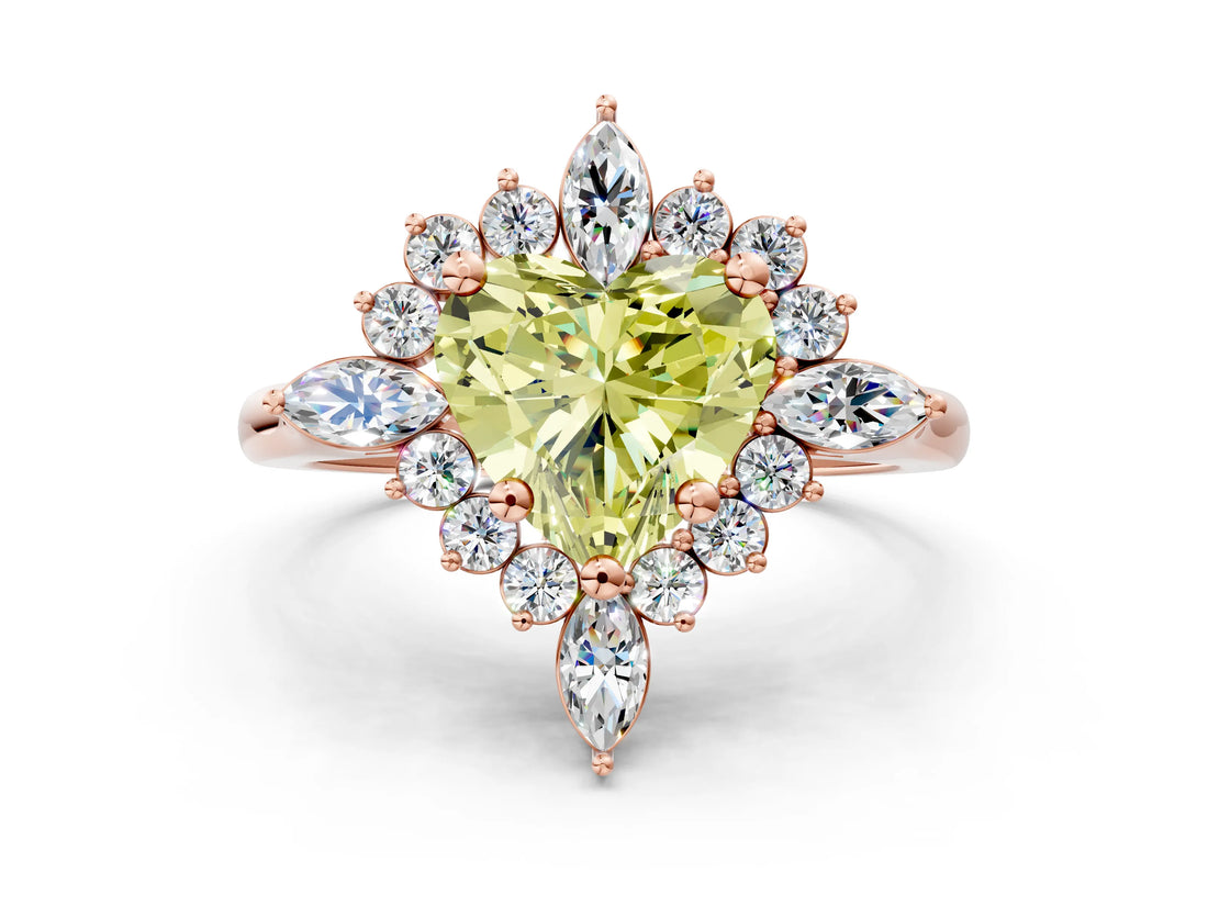 Rose gold Fancy Yellow Heart Cut Halo Diamond Cluster Ring with Marquise and Round Stones on a White Gold Band with Prong Setting