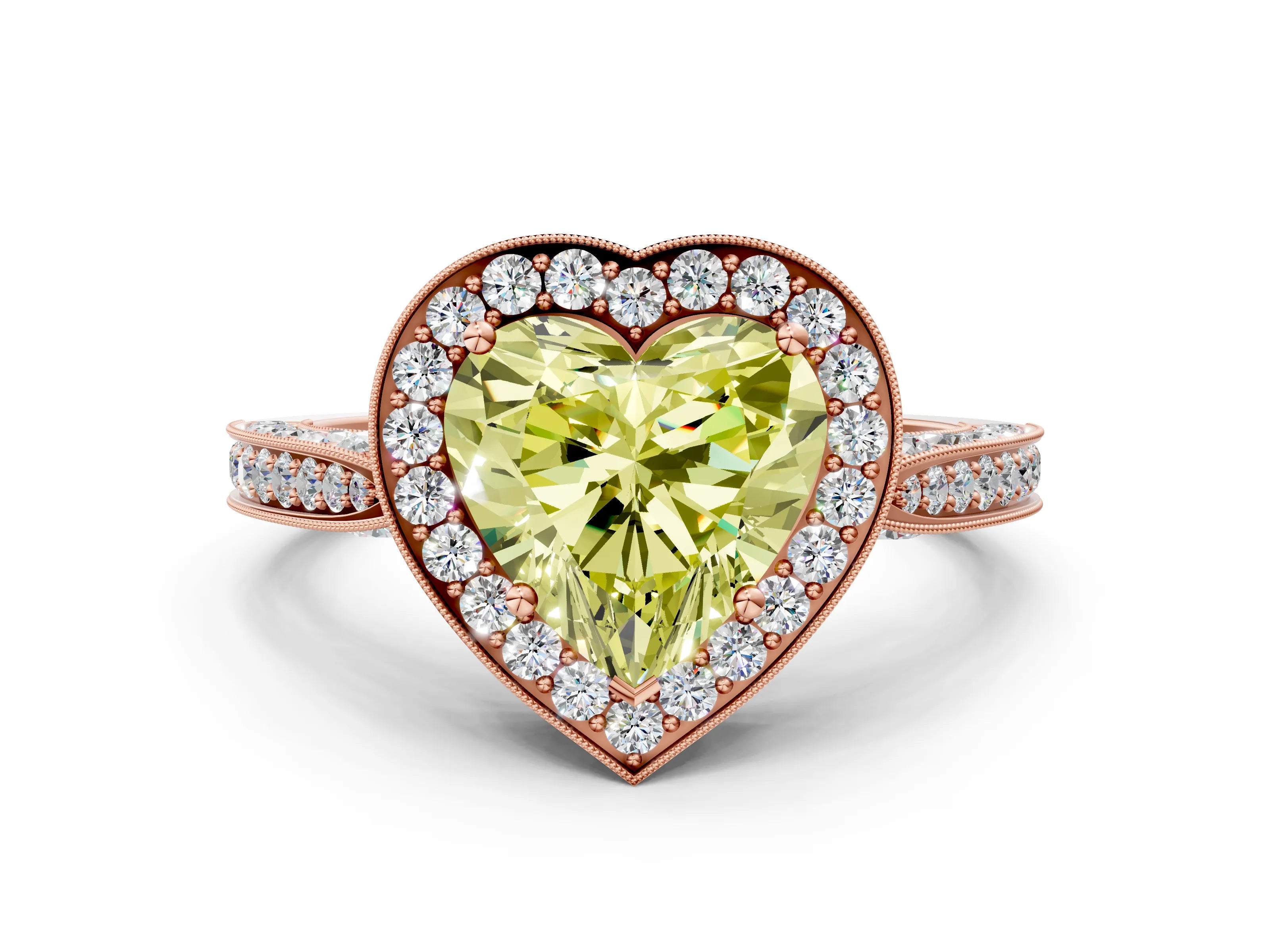 Rose gold Fancy Yellow Heart Cut Halo Diamond Engagement Ring with Split Shank Band and Four-Prong Setting