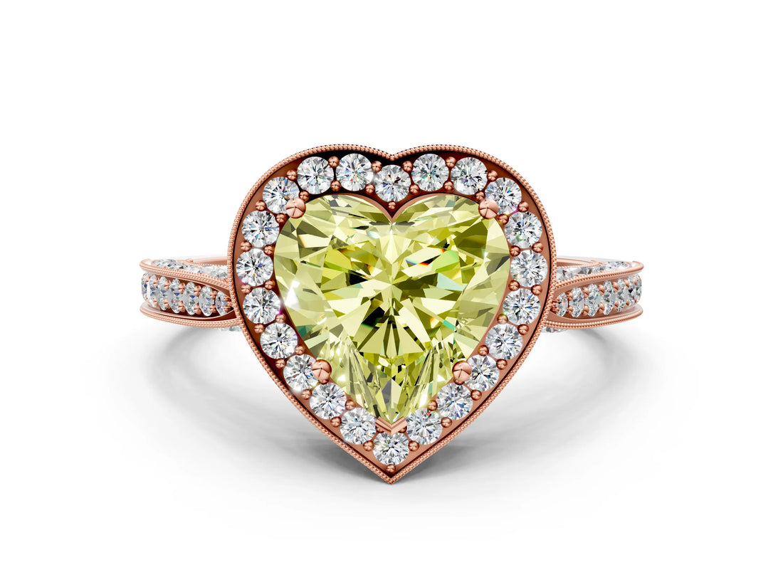 Rose gold Fancy Yellow Heart Cut Halo Diamond Engagement Ring with Split Shank Band and Four-Prong Setting