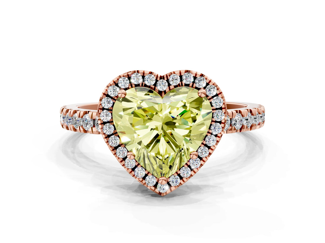 Rose gold Fancy Yellow Heart Cut Halo Diamond Pave Band with Prong Setting