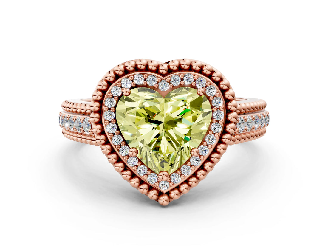 Rose gold Fancy Yellow Heart Cut Halo Diamond Ring with Beaded Split Shank and Four-Prong Setting