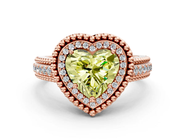 Rose Gold Heart-Shaped Beaded Halo Engagement Ring Setting for Fancy Yellow Center with Pave