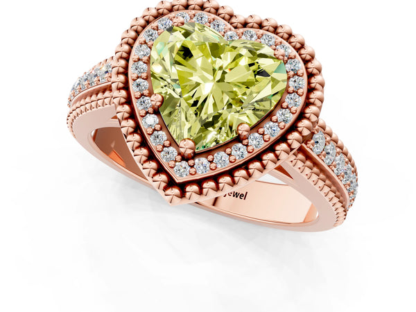 Rose Gold Heart-Shaped Beaded Halo Engagement Ring Setting for Fancy Yellow Center with Pave