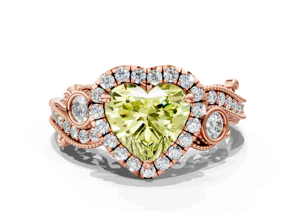 Rose gold Fancy Yellow Heart Cut Halo Diamond Ring with Milgrain and Bezel Accents on a Split Shank Band
