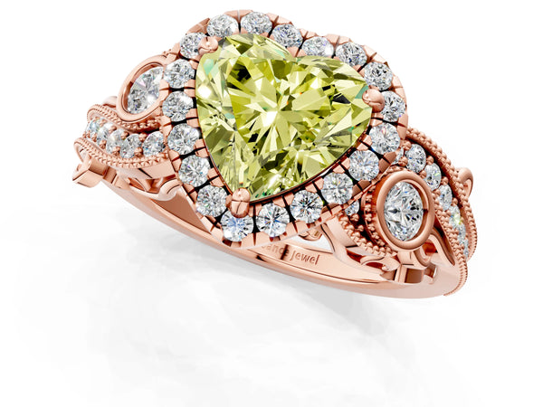Rose gold Fancy Yellow Heart Cut Halo Diamond Ring with Milgrain and Bezel Accents on a Split Shank Band