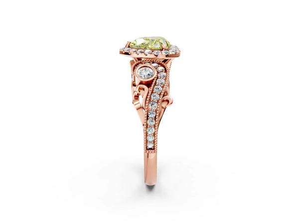 Rose gold Fancy Yellow Heart Cut Halo Diamond Ring with Milgrain and Bezel Accents on a Split Shank Band