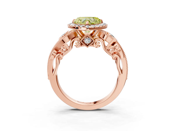 Rose gold Fancy Yellow Heart Cut Halo Diamond Ring with Milgrain and Bezel Accents on a Split Shank Band